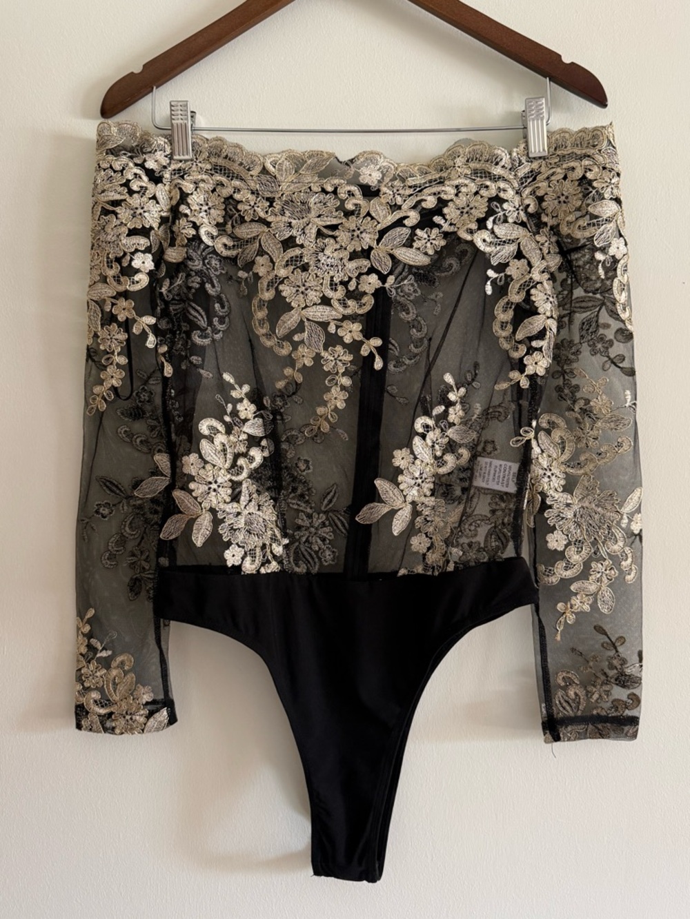 AKIRA Black Sheer Lace Off-Shoulder Bodysuit with Gold Embroidery